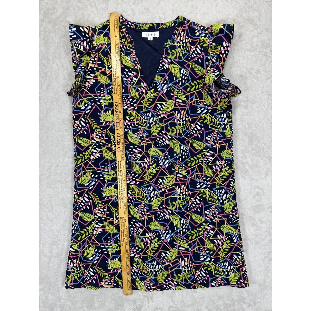 THML Dress Medium Navy Geometric Leaf Print Ruffle Sleeve Shift Dress Boho - Picture 3 of 7